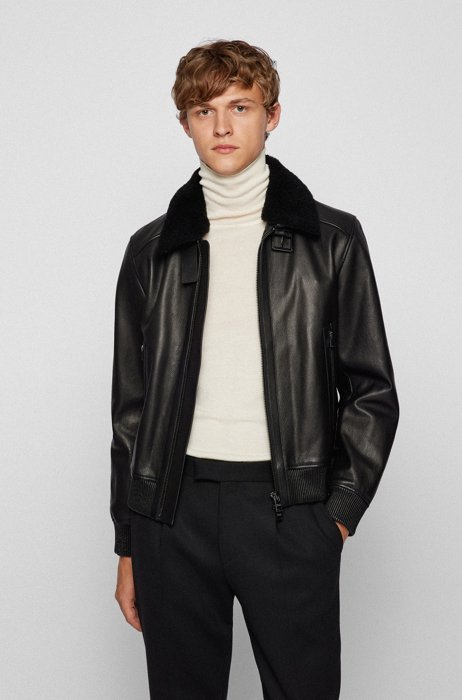 Leather aviator jacket with detachable shearling collar, Black