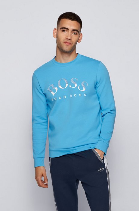 Slim-fit sweater van een katoenmix met gebogen logo, Lichtblauw