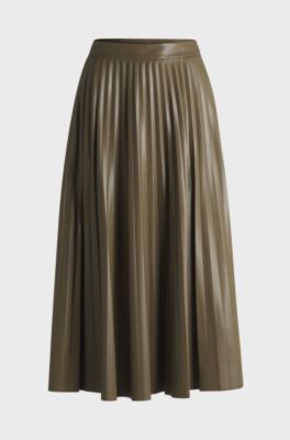 Midi skirt in faux leather with pliss&eacute; pleats, Khaki