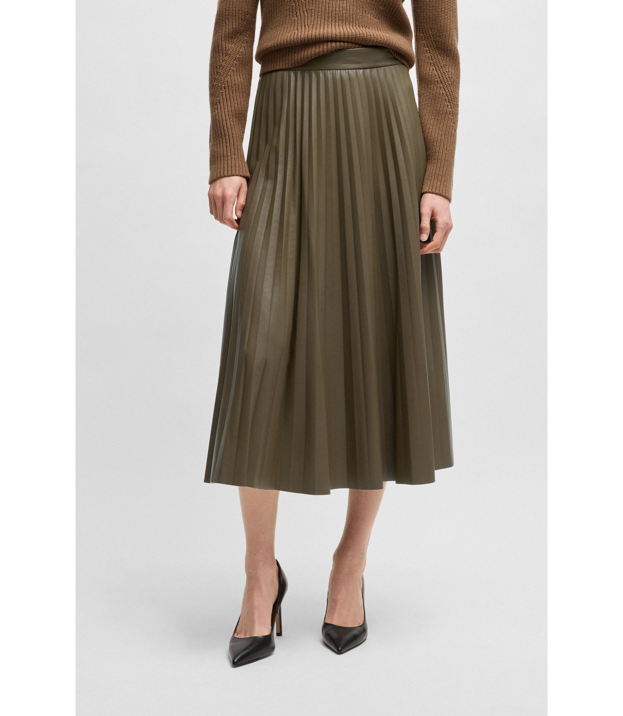 BOSS Midi skirt in faux leather with plissé pleats Khaki