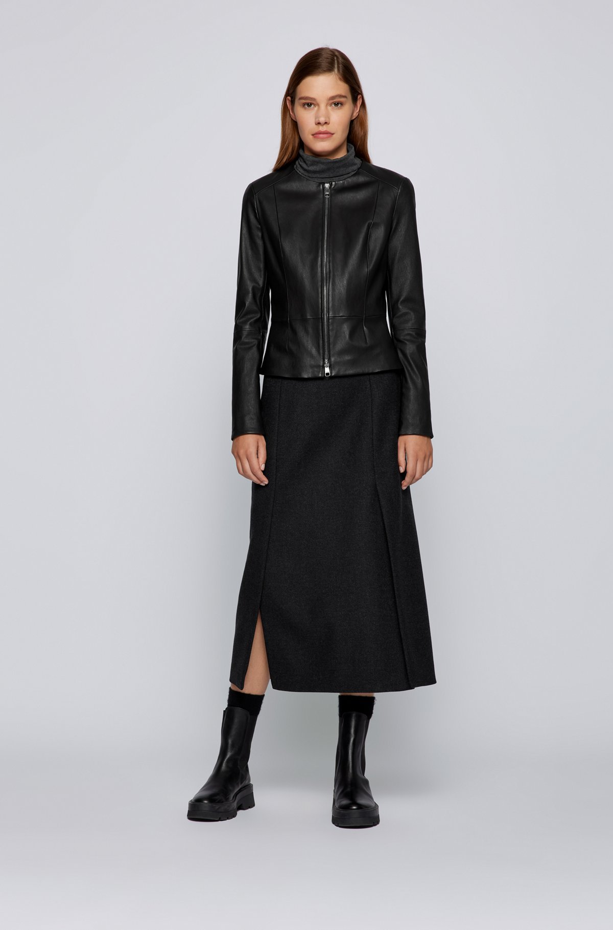 Slim-fit collarless jacket in stretch leather, Black