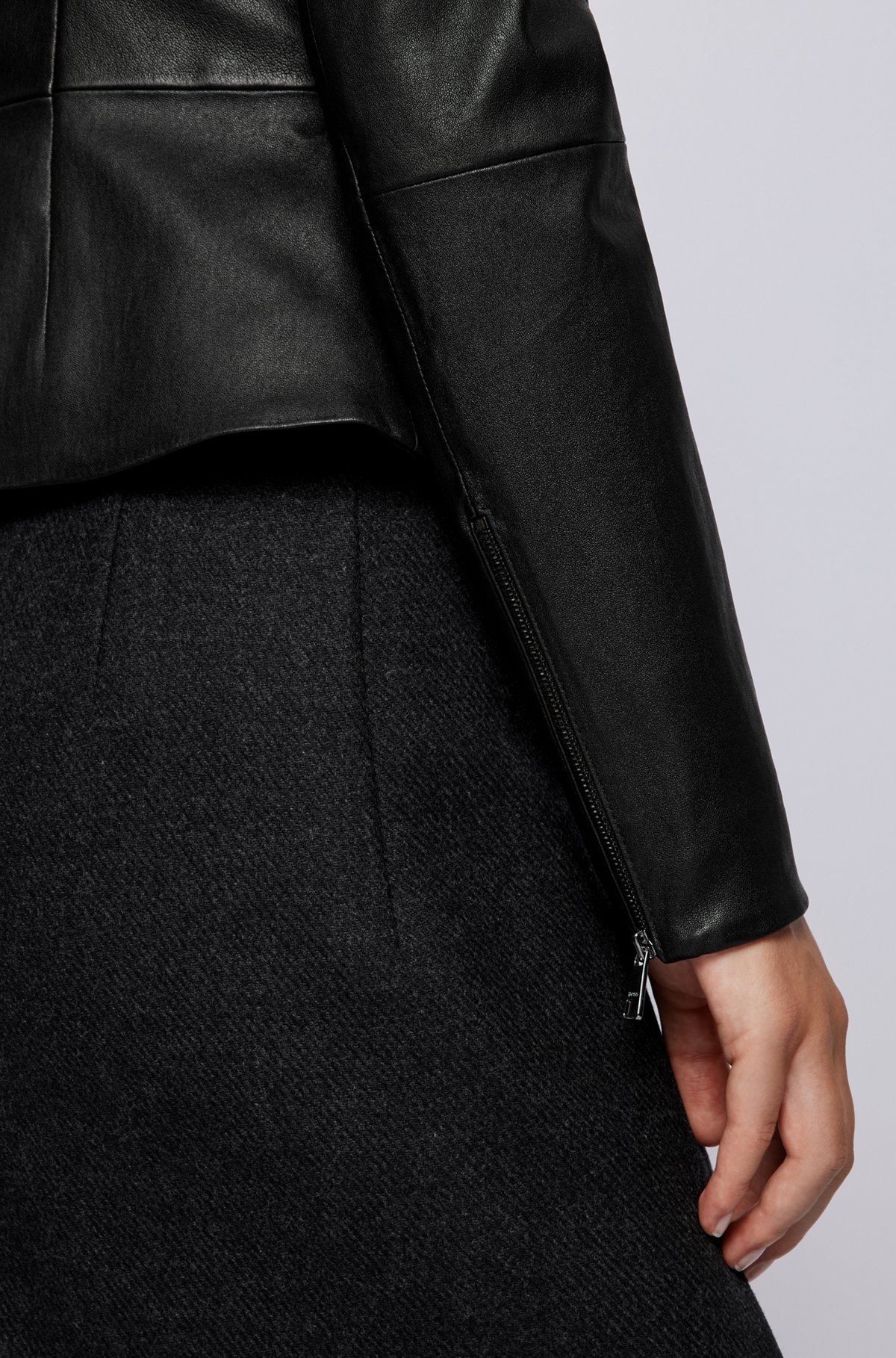 Slim-fit collarless jacket in stretch leather, Black