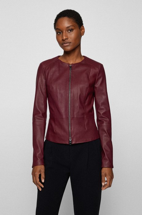 Slim-fit collarless jacket in stretch leather, Dark Red