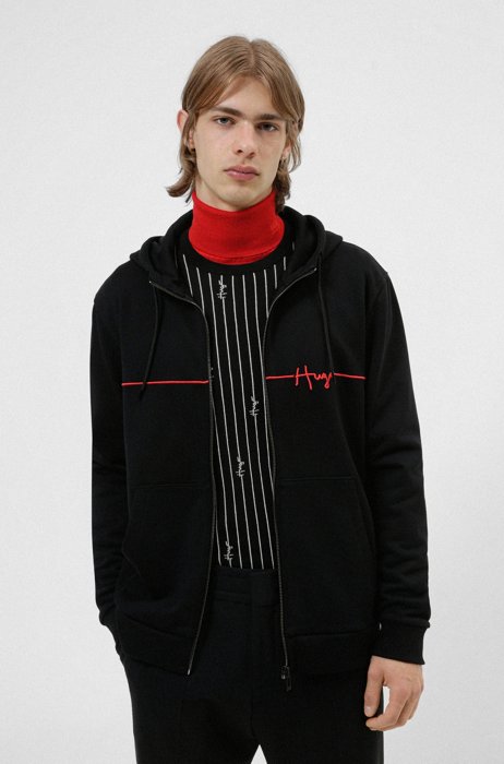 Organic-cotton zip-up hoodie with handwritten logo embroidery, Black