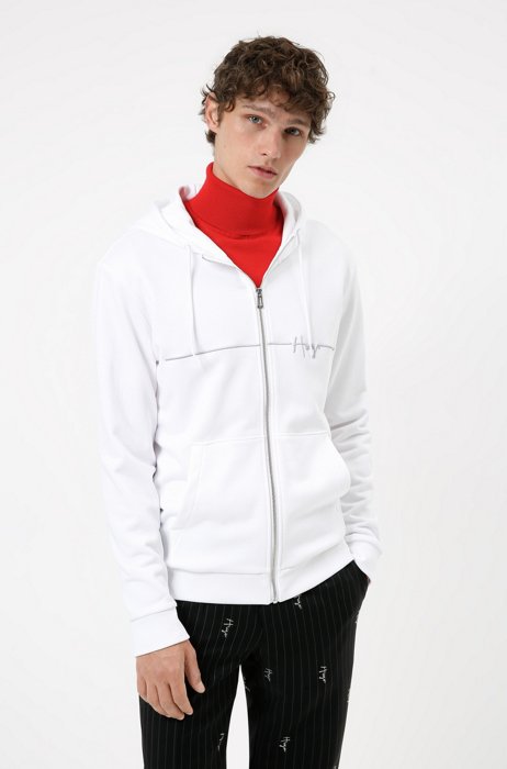 Organic-cotton zip-up hoodie with handwritten logo embroidery, White