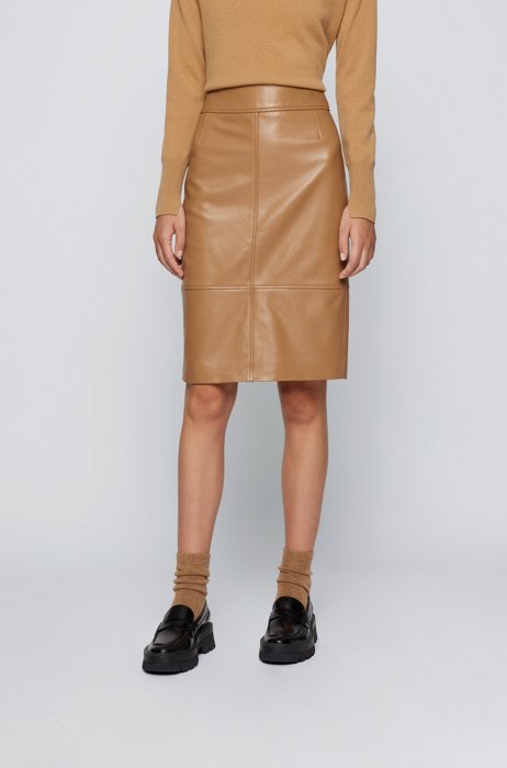 Pencil skirt in leather with feature seaming, Light Brown