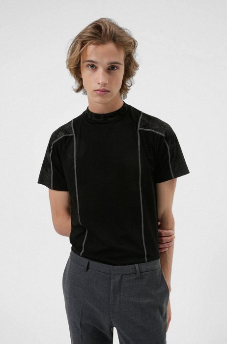 Relaxed-fit T-shirt in stretch cotton with snakeprint panels, Black