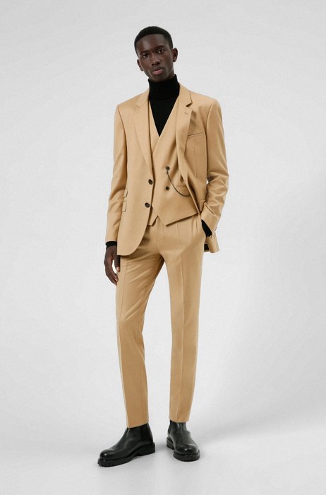 Extra-slim-fit three-piece suit in stretch wool, Beige