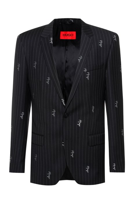 Pinstripe slim-fit jacket with handwritten logos, Black Patterned