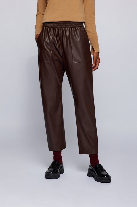 Relaxed-fit tracksuit bottoms in faux leather, Dark Brown
