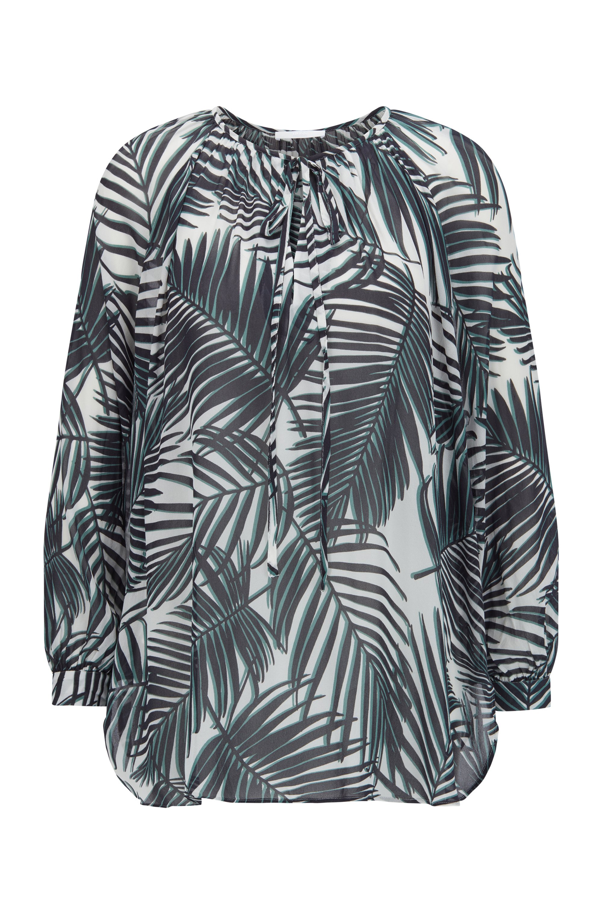 Voluminous blouse in leaf-print viscose, Patterned