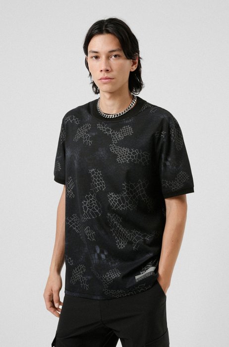 Relaxed-fit T-shirt with snake print and manifesto logo, Black