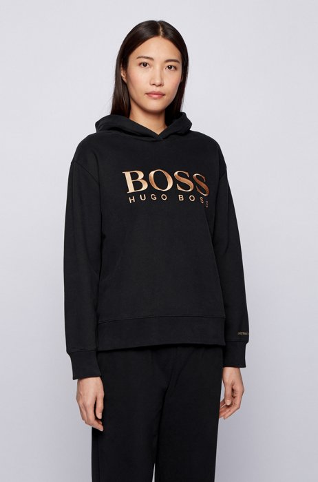 Relaxed-fit hoodie in French terry with chest logo, Black