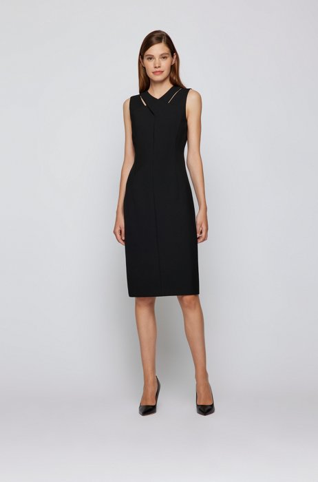 Slim-fit dress with crossed neckline and rear zip, Black