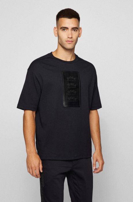 BOSS - Oversized-fit T-shirt with faux-leather logo patch