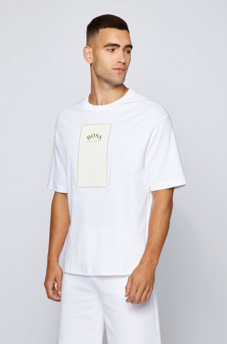 Oversized-fit cotton T-shirt with faux-leather logo patch, White