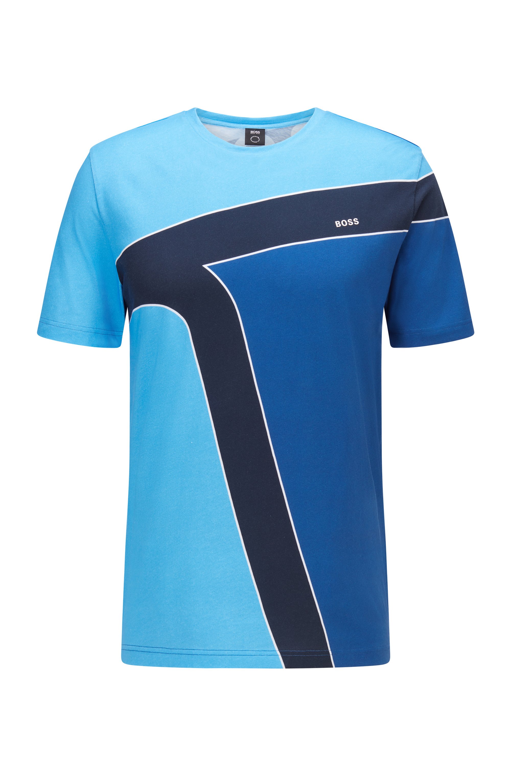 Cotton T-shirt with color-blocking and logos, Light Blue
