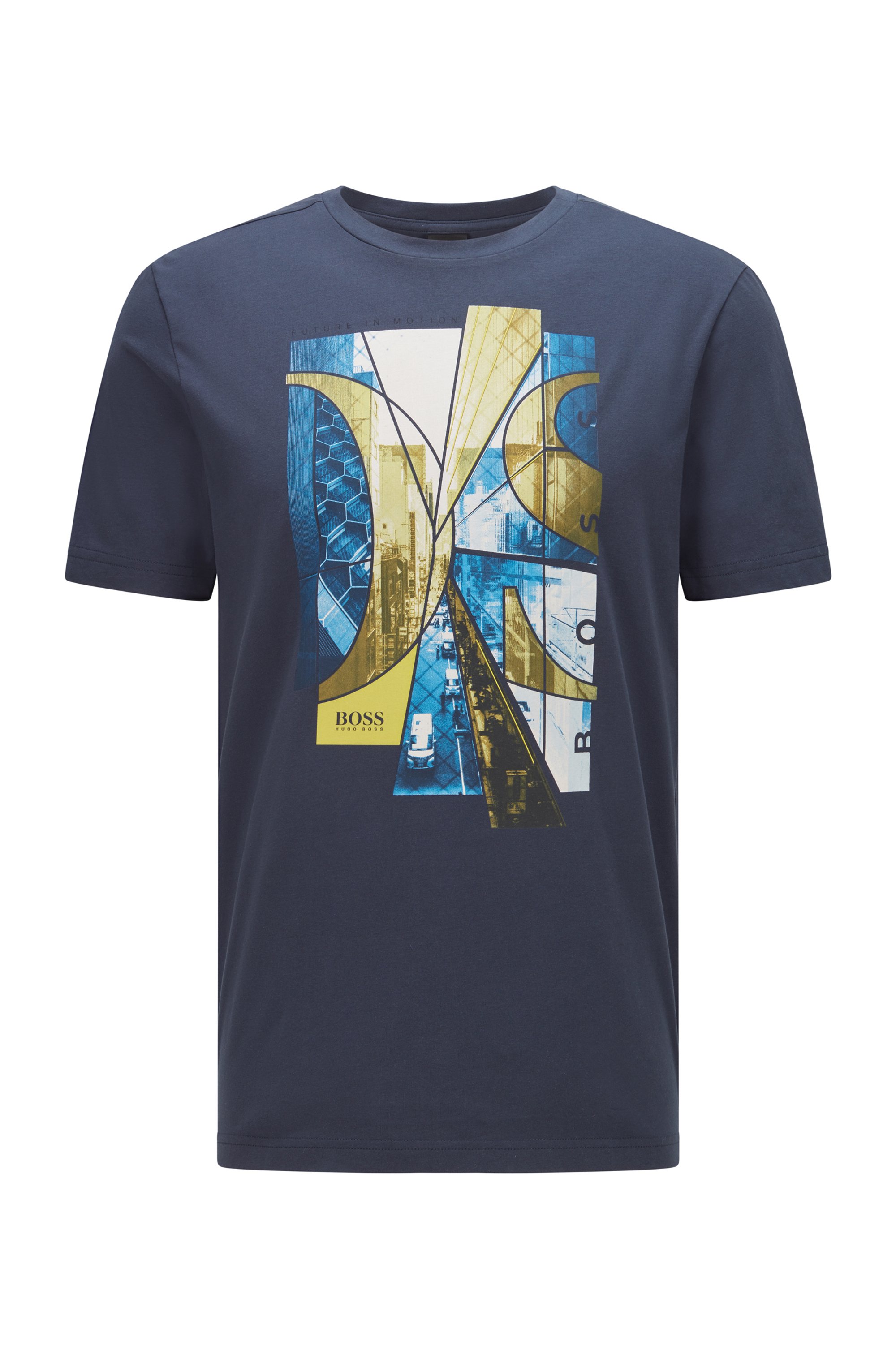 Stretch-cotton T-shirt with photographic print and logo, Dark Blue