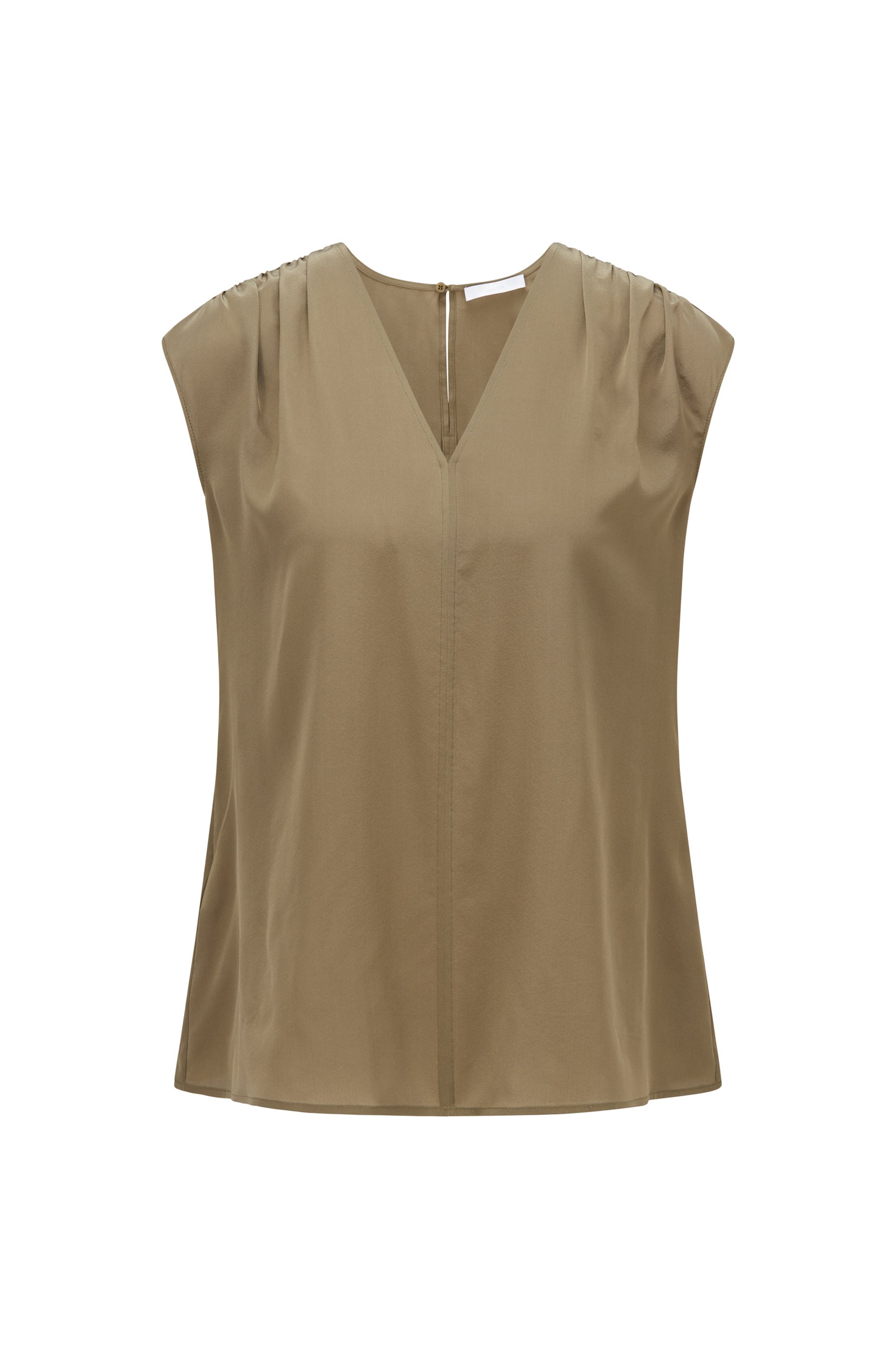 Relaxed-fit sleeveless top in washed silk, Dark Green