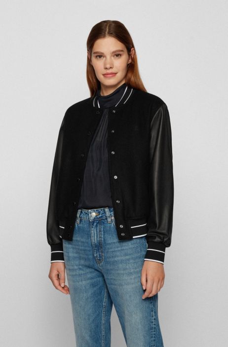 Boss Regular Fit Baseball Jacket With Leather Sleeves
