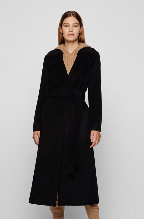 Belted cashmere coat with covered closure and oversized lapels, Black