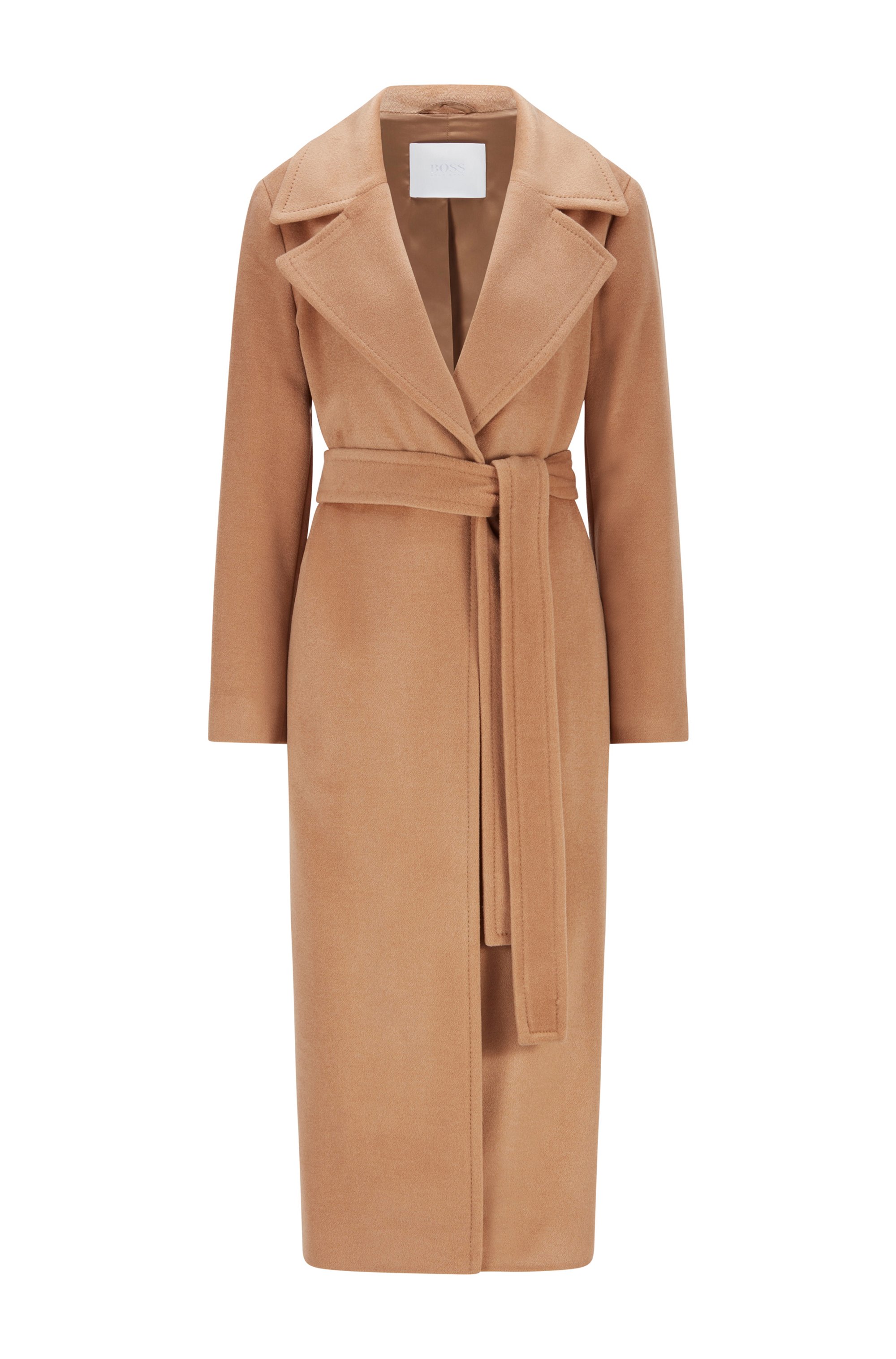 Belted cashmere coat with covered closure and oversize lapels, Light Brown