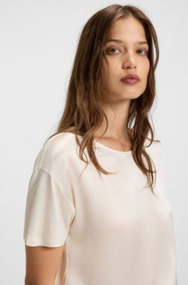 Regular-fit T-shirt with stretch-silk front, Natural
