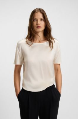 Regular-fit T-shirt with stretch-silk front, Natural