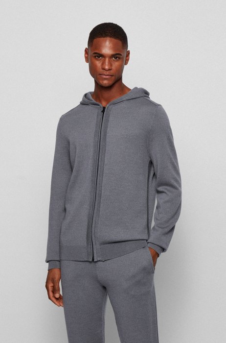 Merino-wool hooded sweater with zip-through front, Grey