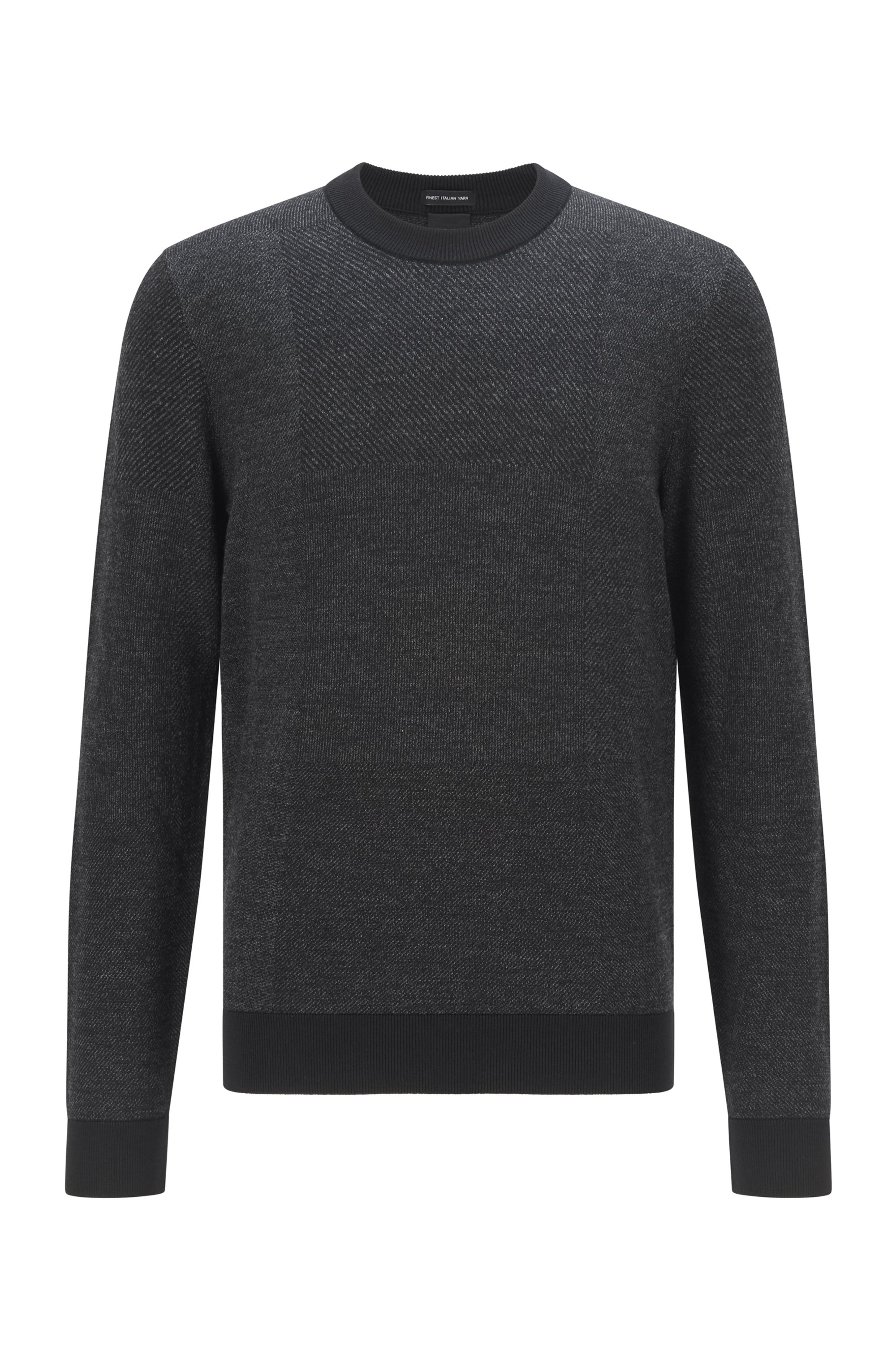 Crew-neck sweater in Italian wool with patchwork effect, Black