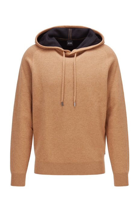 Hooded sweater in cotton and wool with contrast interior, Beige