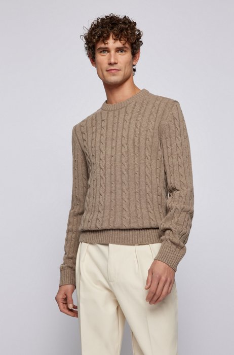 Regular-fit sweater with cable-knit structure, Light Brown