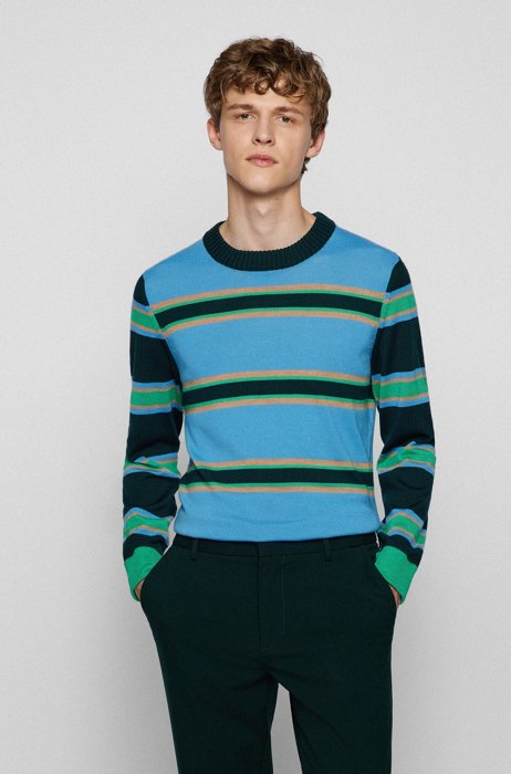 Virgin-wool regular-fit sweater with horizontal stripes, Light Blue