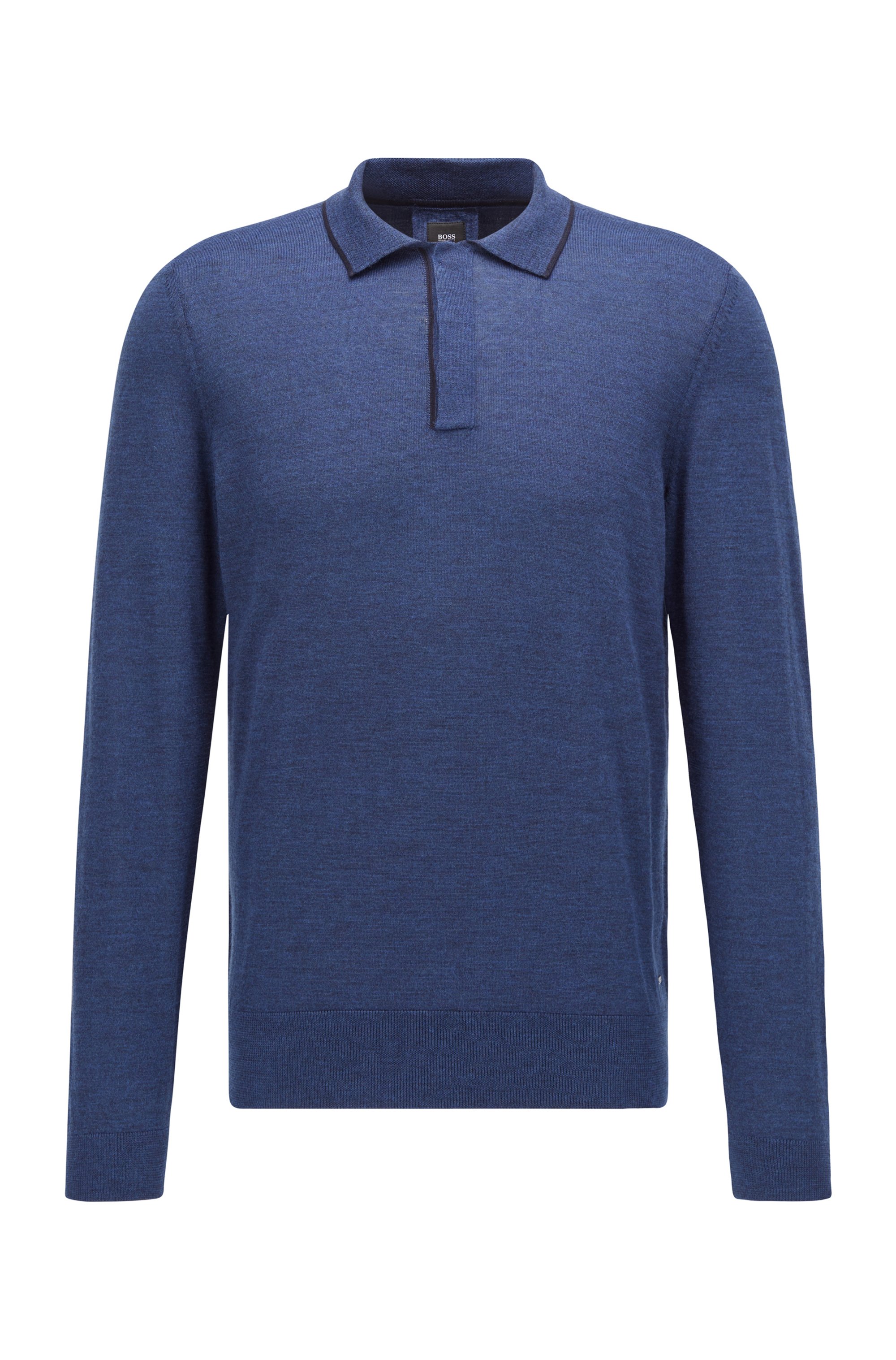 Contrast-tipped polo shirt in virgin wool and silk, Dark Blue