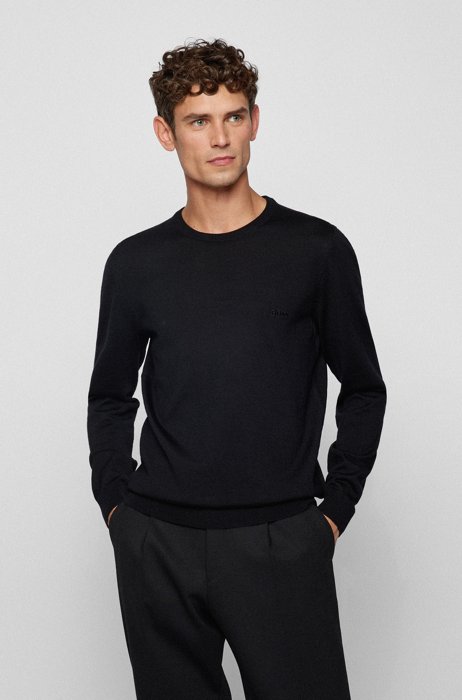 Virgin-wool regular-fit sweater with logo embroidery , Black