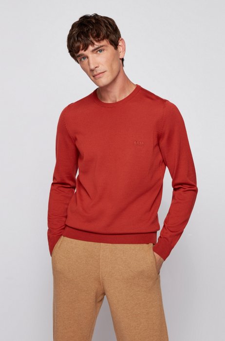 Virgin-wool regular-fit sweater with logo embroidery , Red