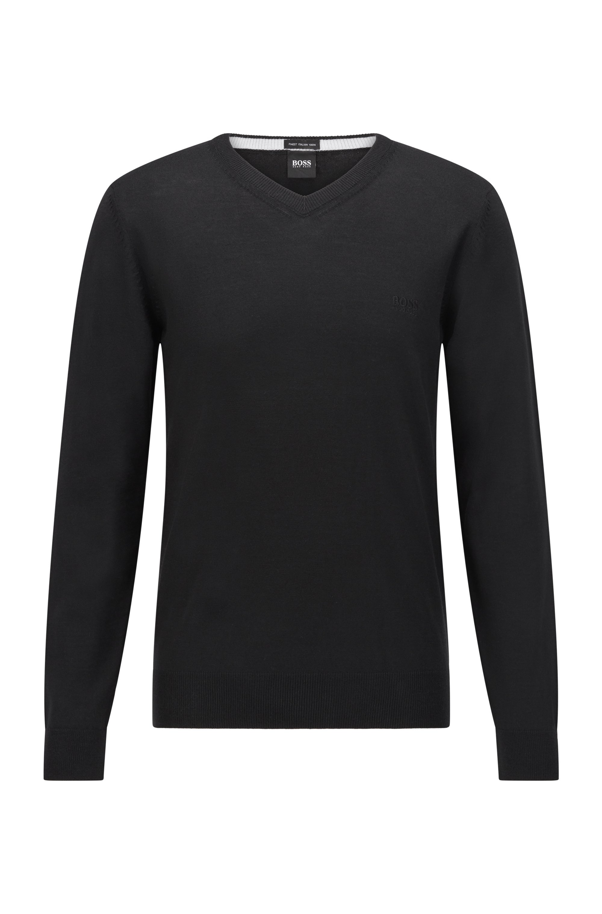 V-neck sweater in Italian virgin wool with logo embroidery, Black
