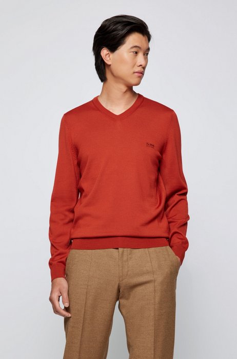 V-neck sweater in Italian virgin wool with logo embroidery, Red