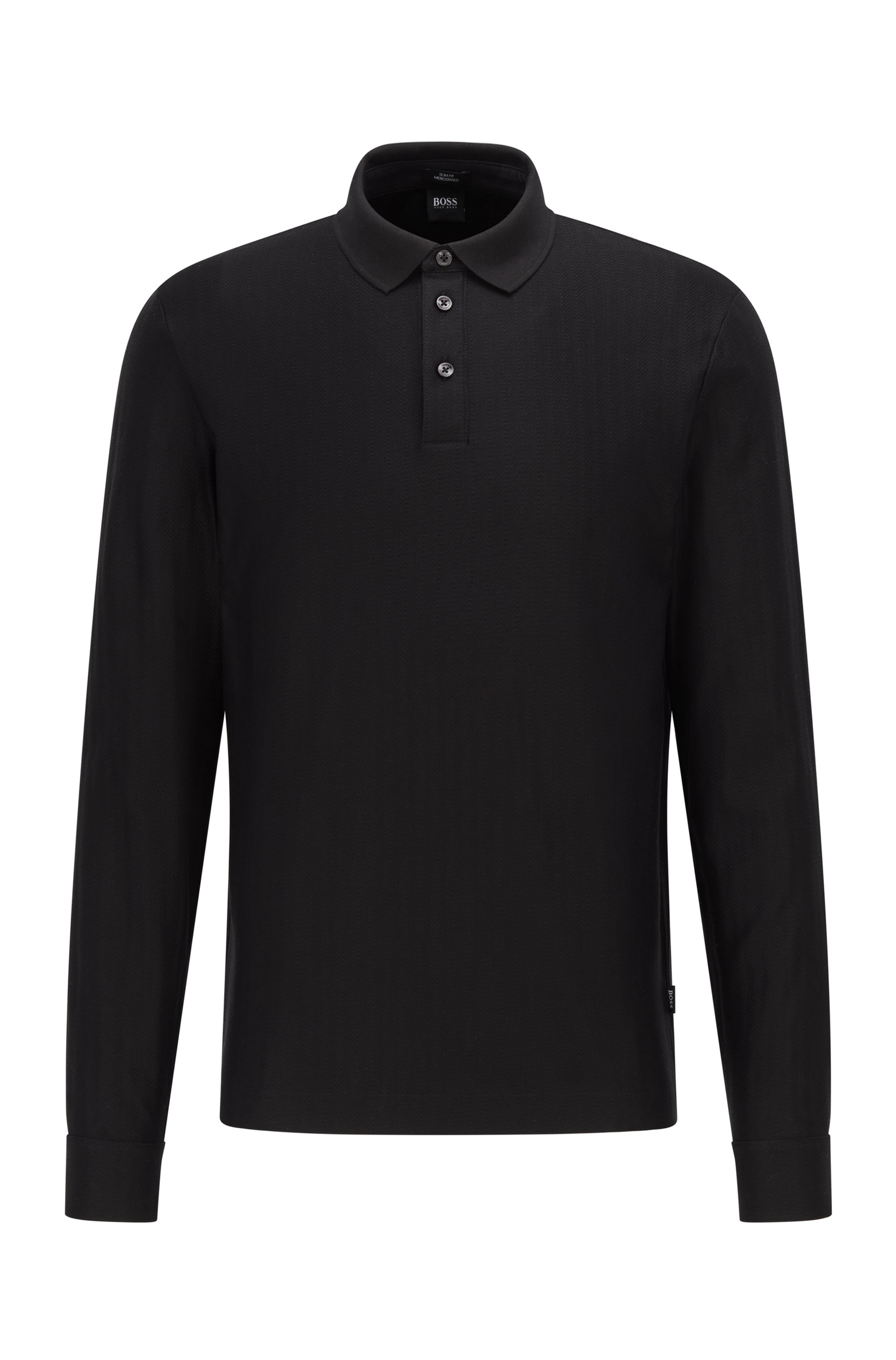 Slim-fit polo shirt in herringbone-structured mercerized cotton, Black