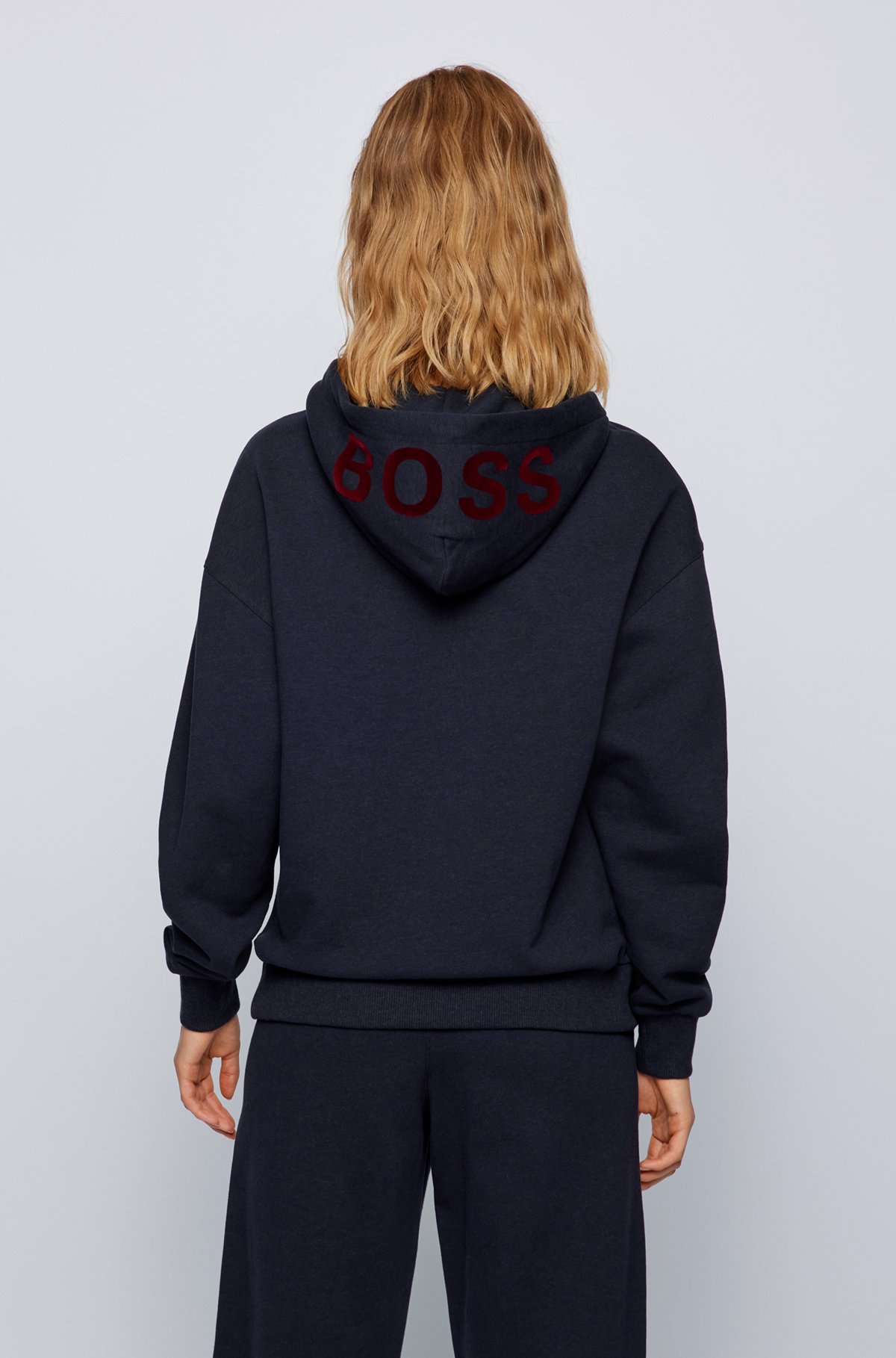 Cotton-blend sweatshirt with logo-print hood, Dark Blue