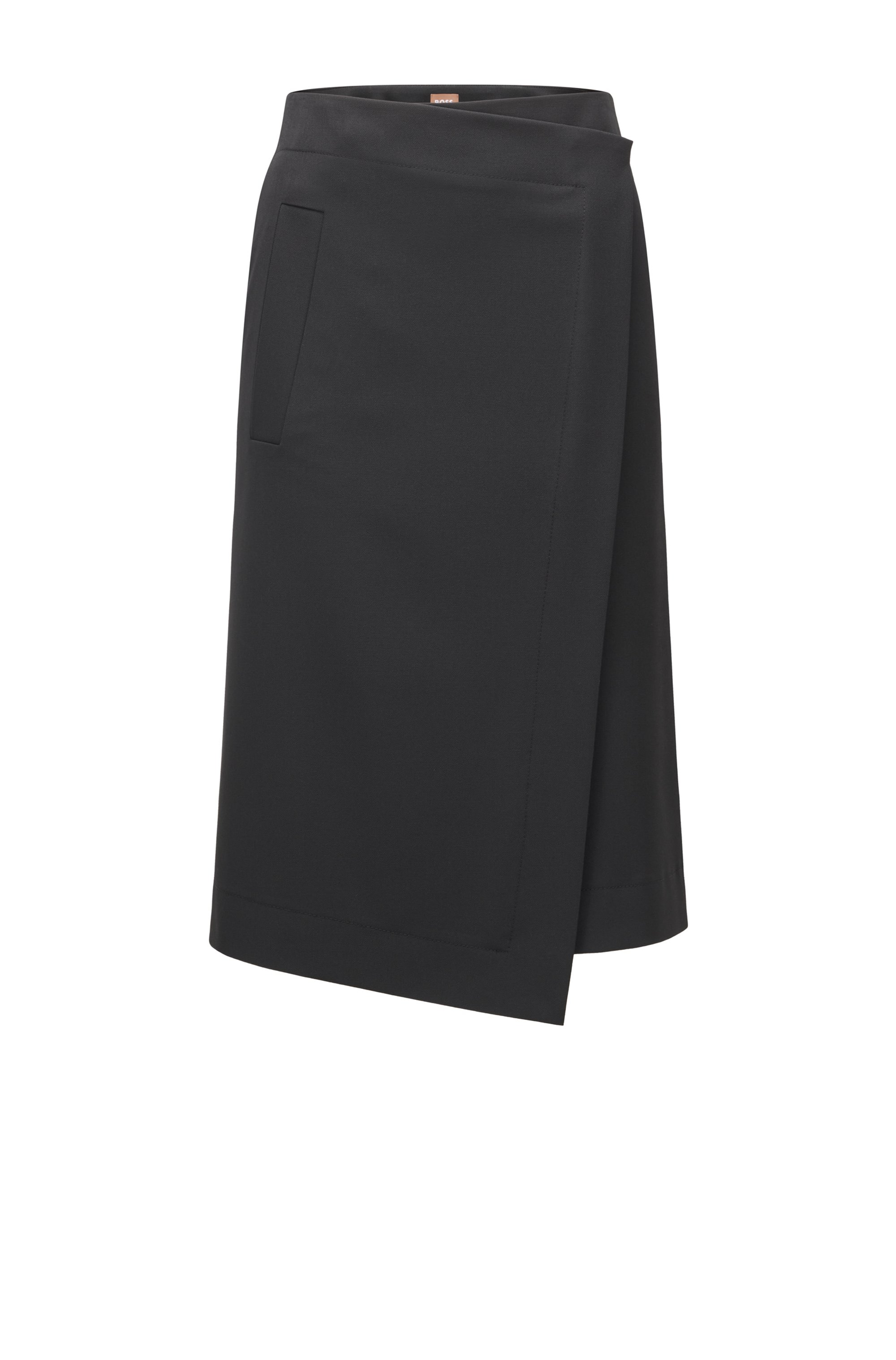 A-line stretch-twill skirt with wrap front, Black