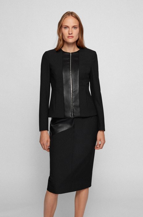 Slim-fit collarless jacket with faux-leather details, Black