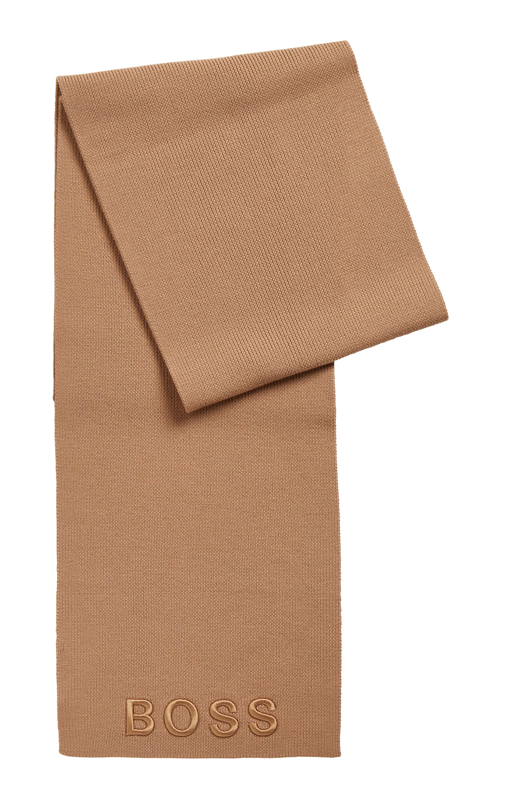 Ribbed scarf in virgin wool with tonal logo, Light Brown