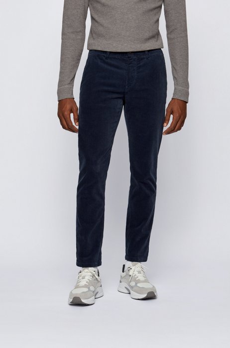 Pantaloni con fit affusolato in velluto a coste di cotone elasticizzato, Blu scuro