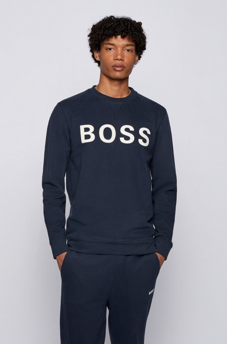 Cotton-blend sweatshirt with flock-print logo, Dark Blue