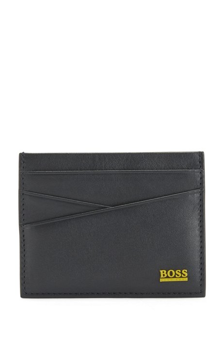 Leather card holder with colored logo and angled pockets, Dark Blue