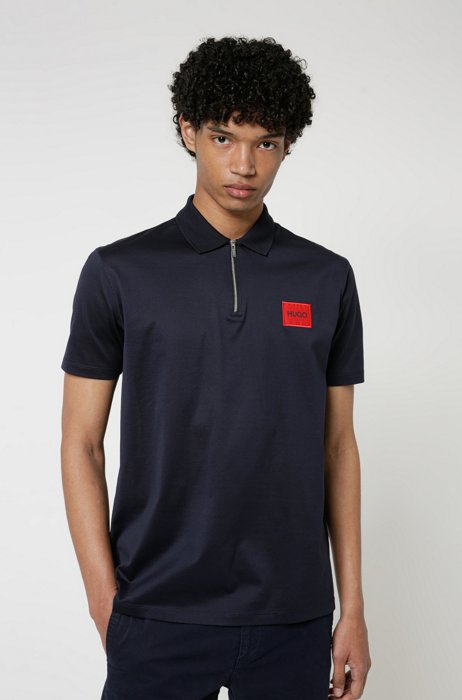 Zip-neck cotton polo shirt with red logo label, Dark Blue