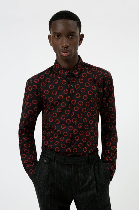 Extra-slim-fit shirt in printed cotton canvas, Red