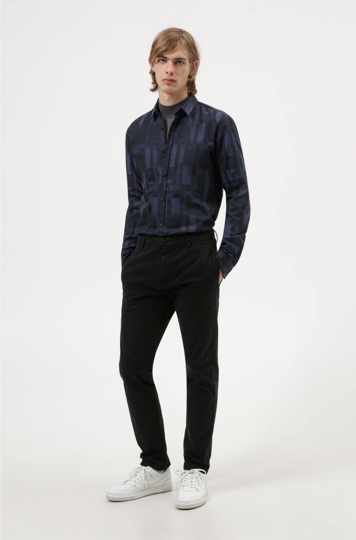 HUGO - Extra-slim-fit shirt in geometric-print cotton