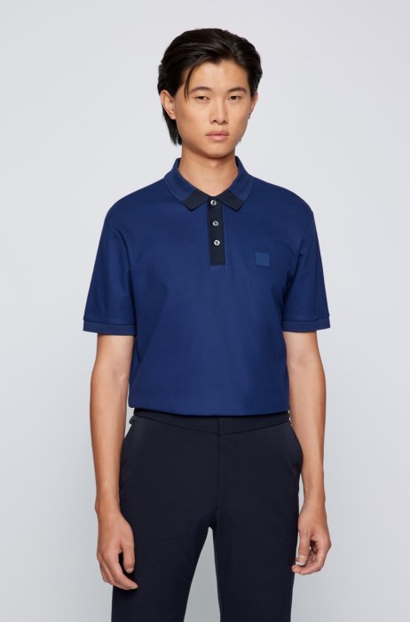 BOSS - Mercerised-cotton-jacquard polo shirt with color-block collar